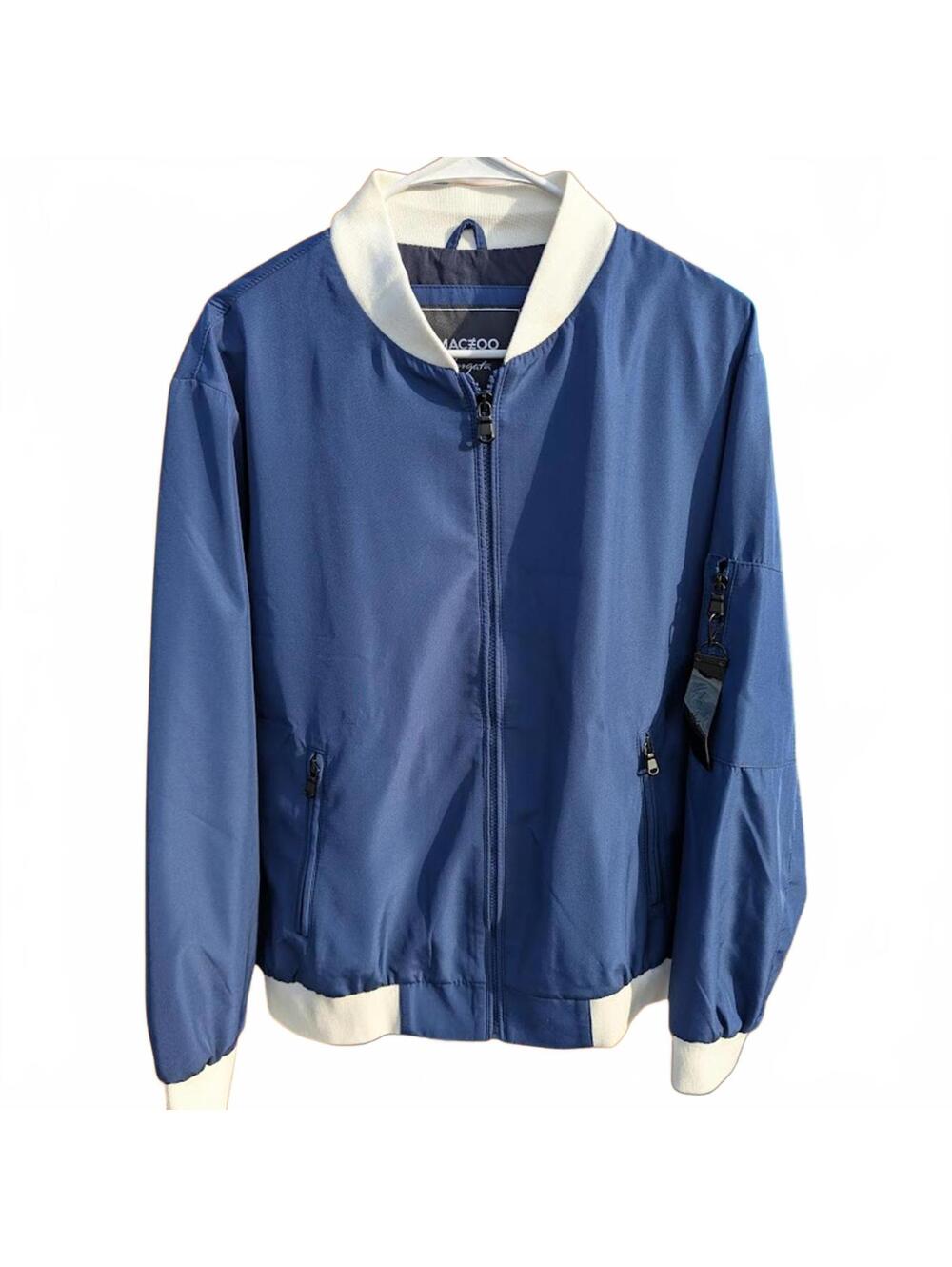Maceoo Borgata Luxury Bomber Jacket Large Blue White Trim Full Zip Coat Coastal